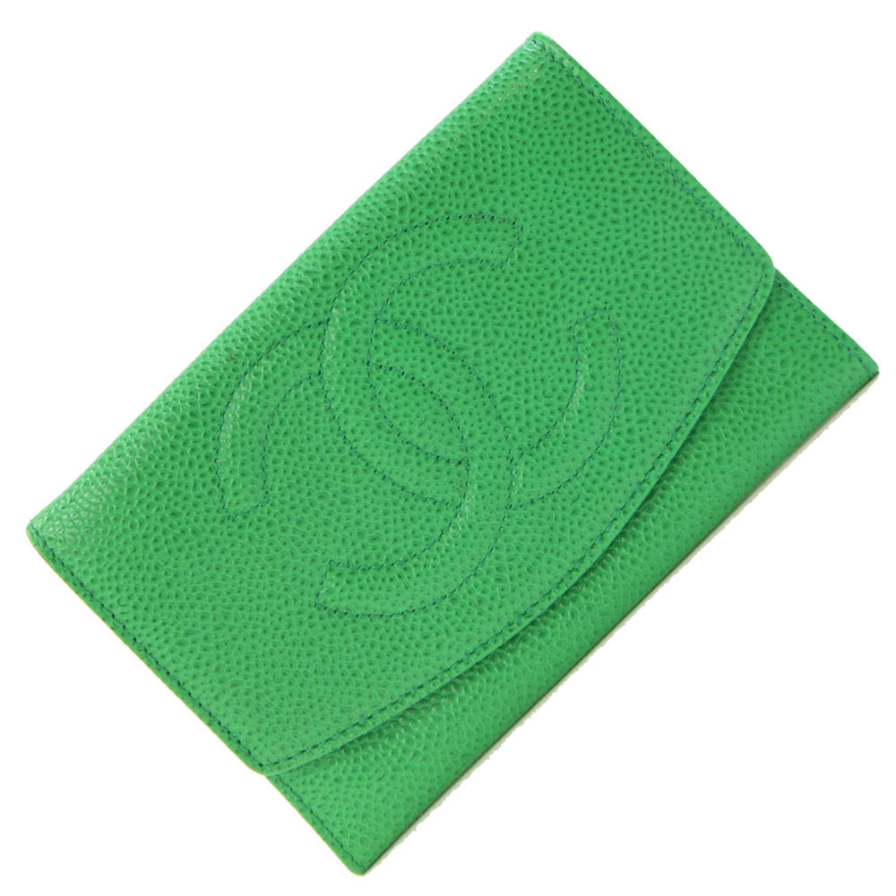 CHANEL Authentic Green Caviar Leather Logo Wallet - Picture 1 of 10